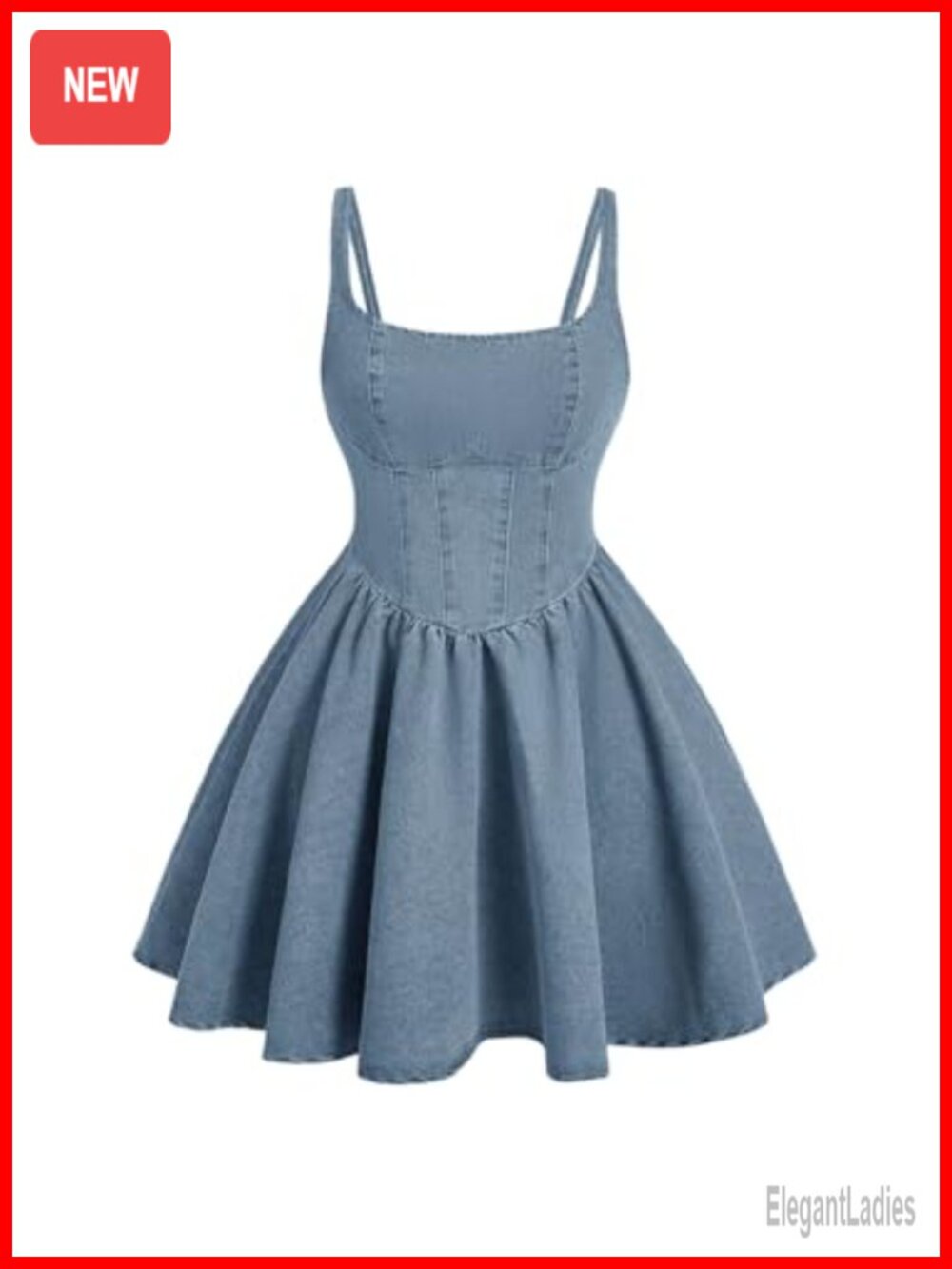 Women's Square Neck Denim Dress Ruffle Hem A Line Mini Sleeveless Zip Back